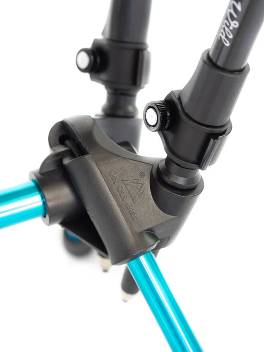 Close-up of a black and teal tripod leg joint, showing adjustment knobs and Get Out Gear branding on the joint housing.
