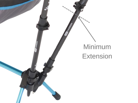 Close-up of adjustable carbon chair legs with a dashed line and label indicating the Minimum Extension point, showing the proper length setting for safe use.
