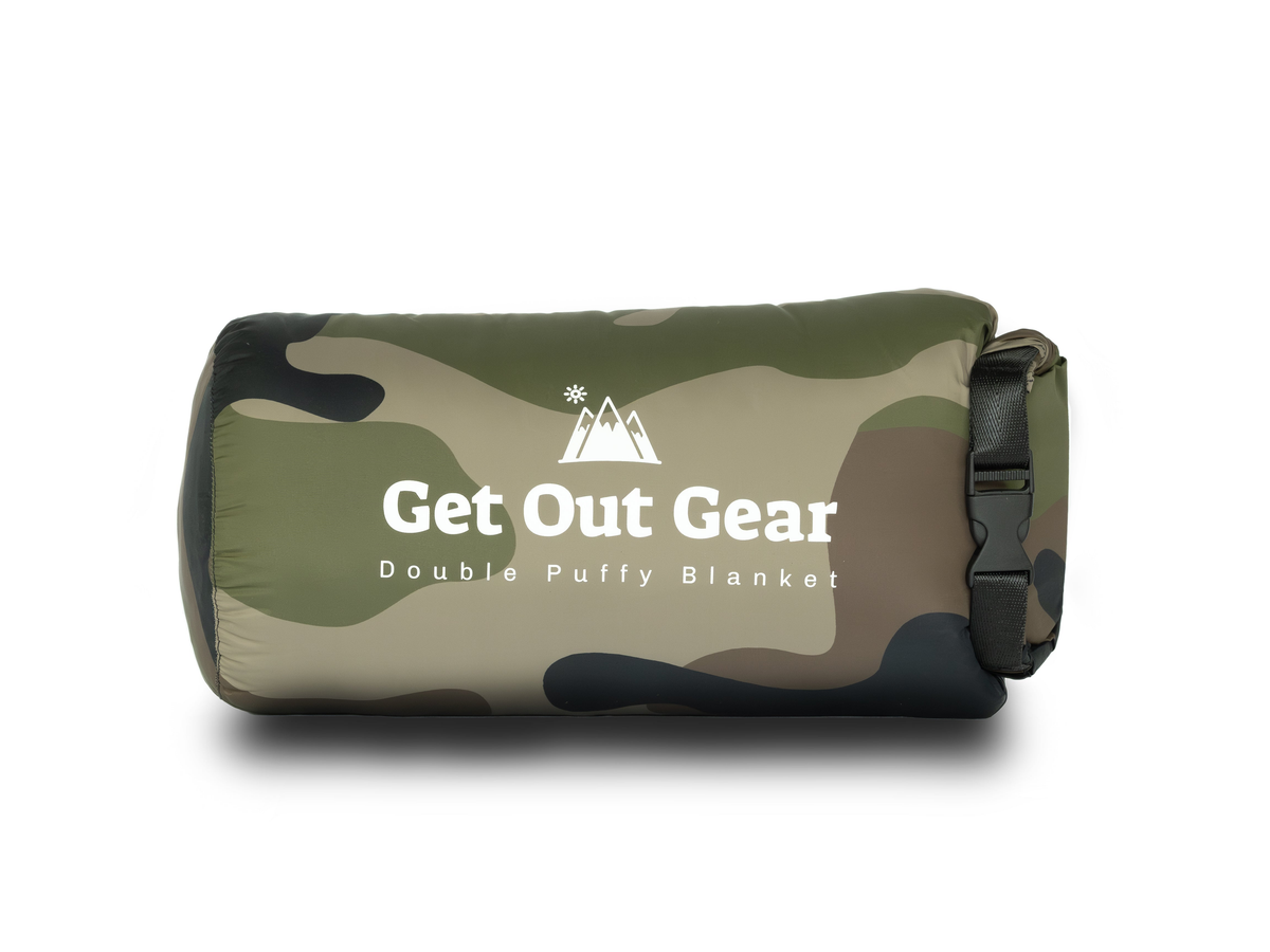 Woodland Camo stuff sack for the Get Out Gear Double Puffy Blanket