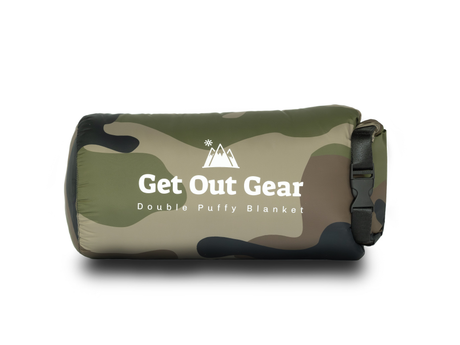 Woodland Camo stuff sack for the Get Out Gear Double Puffy Blanket