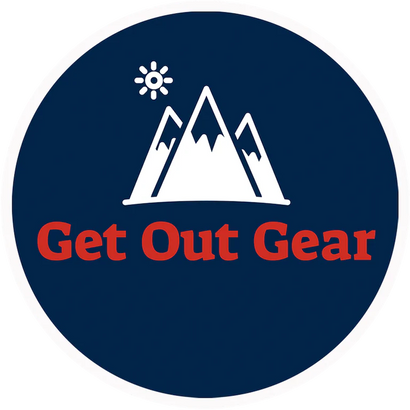 A circular logo with a dark blue background featuring white mountain peaks and a small sun above. Below, bold red text reads Get Out Gear.