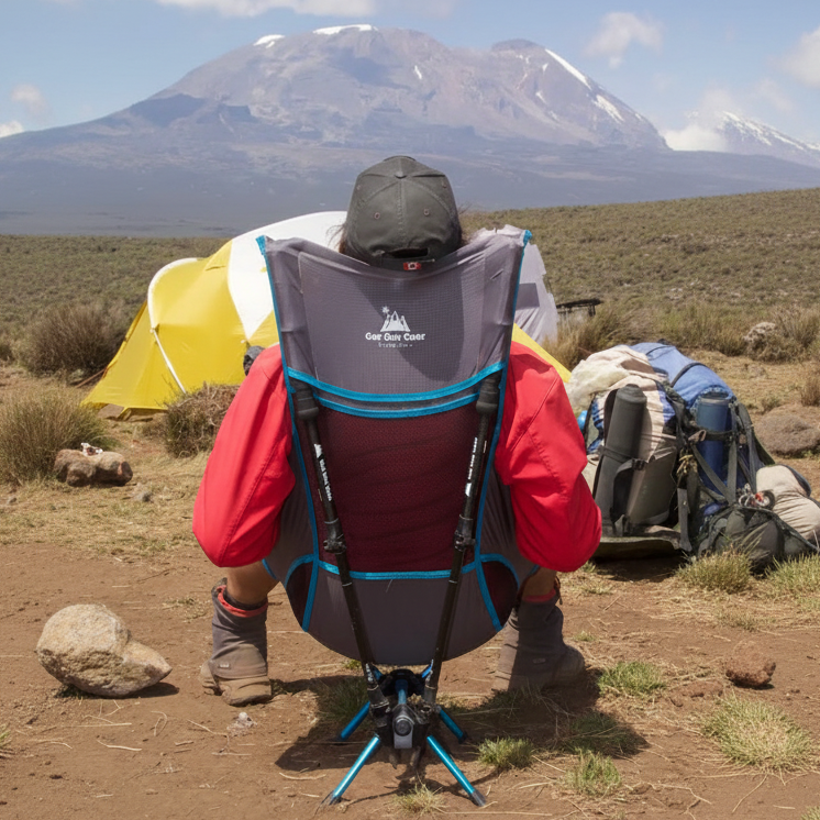 Person relaxing in a Get Out Gear TrekChair backpacking chair with a snow-capped mountain in the background and camping gear nearby