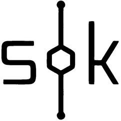 A black minimalist logo featuring a stylized s and k connected by a vertical line passing through a central hexagon shape, with dots at the top and bottom of the line, all on a white background.