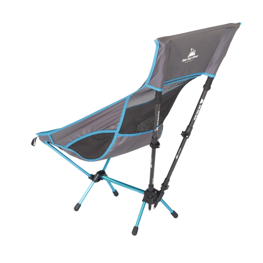 A lightweight, portable camping chair with a blue frame, gray fabric seat, and mesh back panel, shown from the back at an angle. The chair has four legs and adjustable supports.