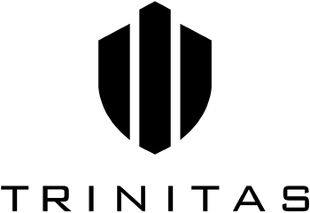 A black geometric shield logo with three vertical bars in the center, above the word TRINITAS in bold, modern capital letters. The design is minimalist and symmetrical on a white background.