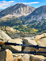 Get Out Gear Goat Stix trekking poles resting on rocky terrain with a scenic alpine mountain landscape and lake in the background.