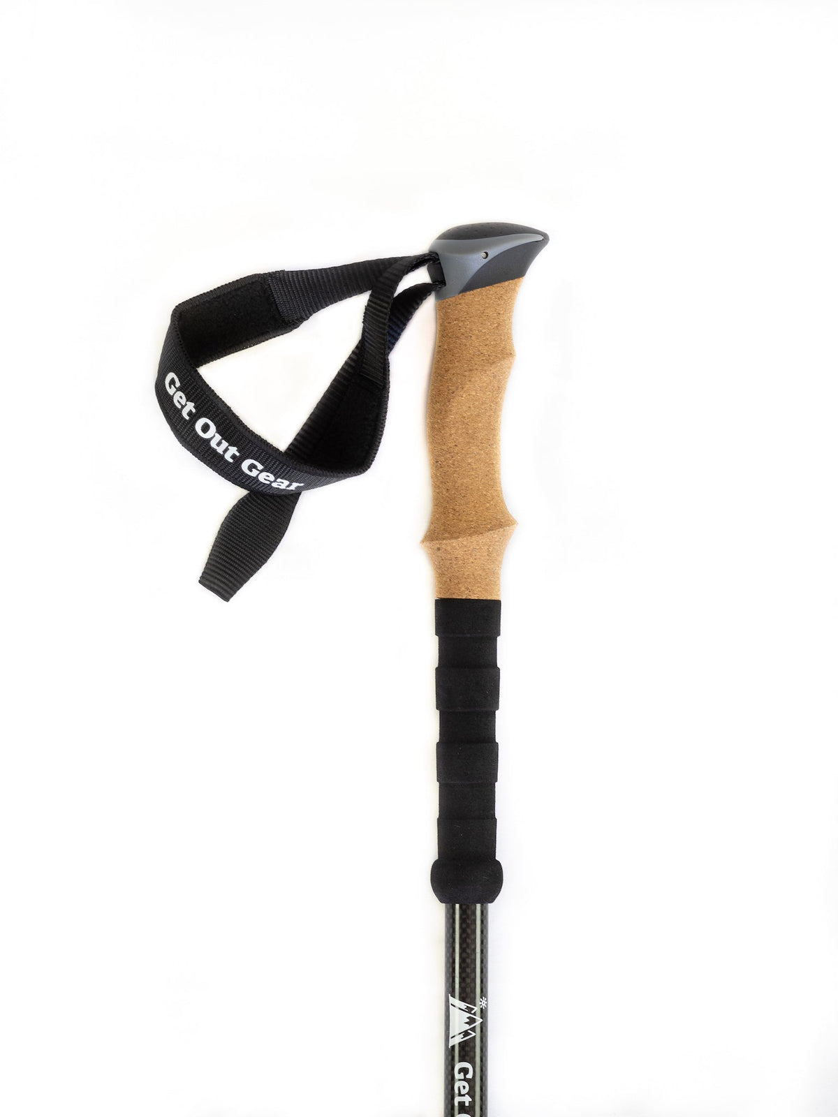Get Out Gear Goat Stix trekking pole handle with cork grip, black foam extension, and branded adjustable wrist strap on a white background